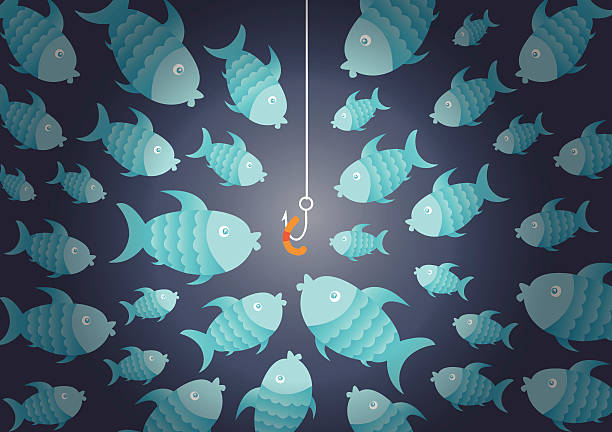 illustrazioni stock, clip art, cartoni animati e icone di tendenza di affamato pesce e di esca - catch of fish illustrations