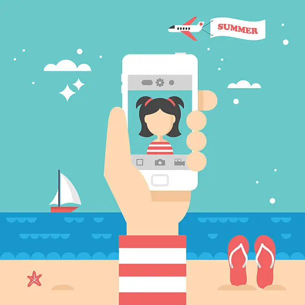 Vector illustration of Flat stylish design for selfie photo with smart phone concept.