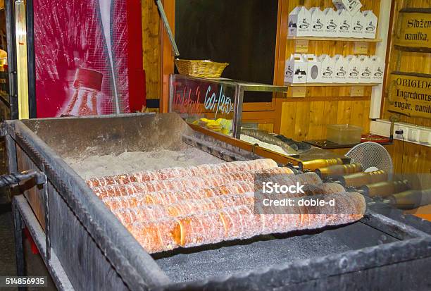 Traditional Czech Trdelnik Baking On A Street Stand Of Prague Stock Photo - Download Image Now