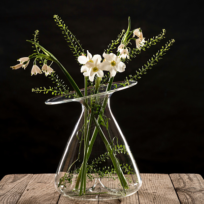 A studio shot with a hand made vase and white flowers inside.
