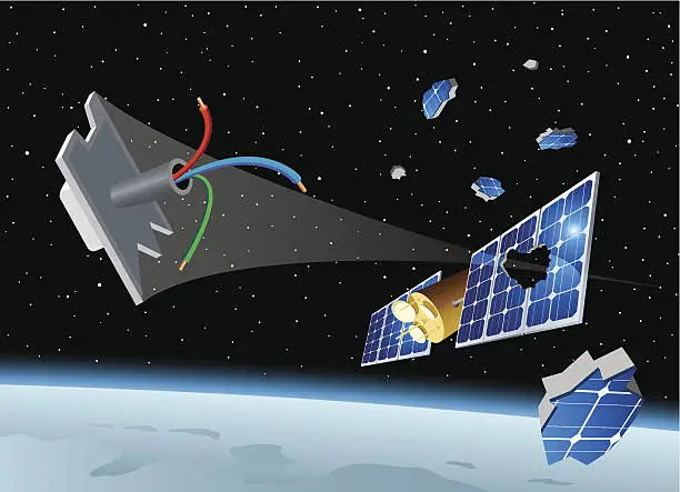 Vector illustration of Space debris destroys the solar panel of a satellite