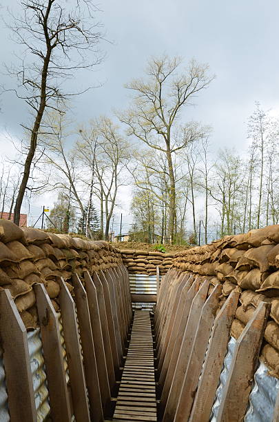 First World War British Trench, Flanders Reconstructed British WW1 trench, Flanders, Belgium. passchendaele stock pictures, royalty-free photos & images