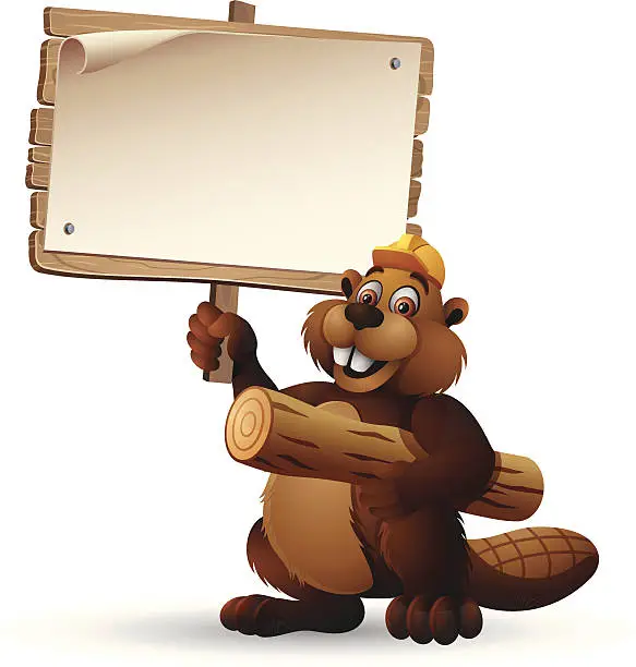 Vector illustration of Beaver Character holding a Wooden Sign