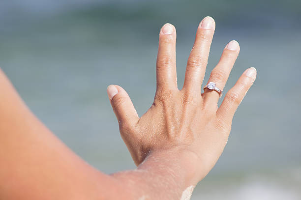 istock Woman hand with engagement ring on the beach 514859405
