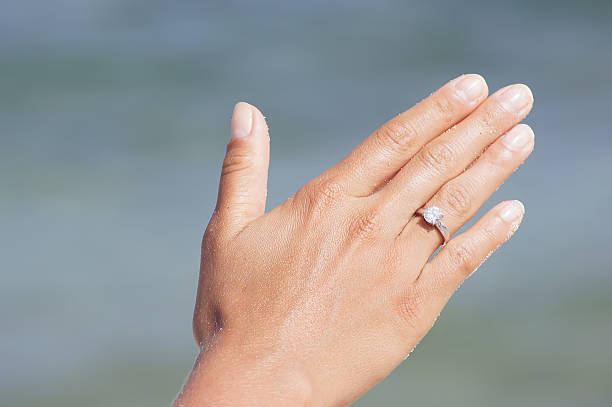 istock Woman hand with engagement ring on the beach 514859407
