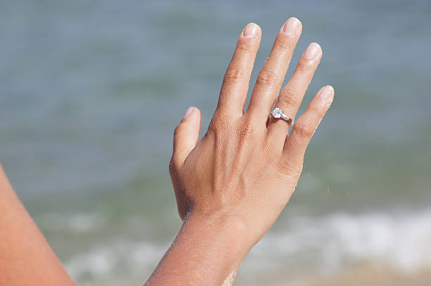 istock Woman hand with engagement ring on the beach 514859411