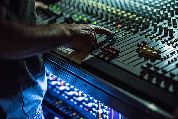 istock hand on Sound slider Board in night club 514859503