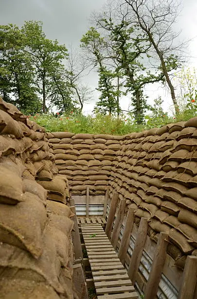 Reconstructed WW1 British trench in Flanders, Belgium.