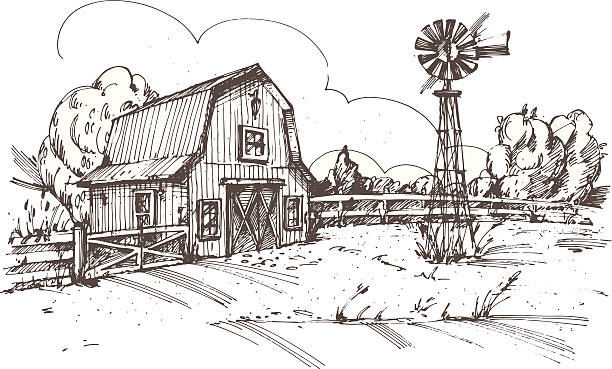 ilustraciones, imágenes clip art, dibujos animados e iconos de stock de dibujo a mano ilustración de la granja - casa rural
