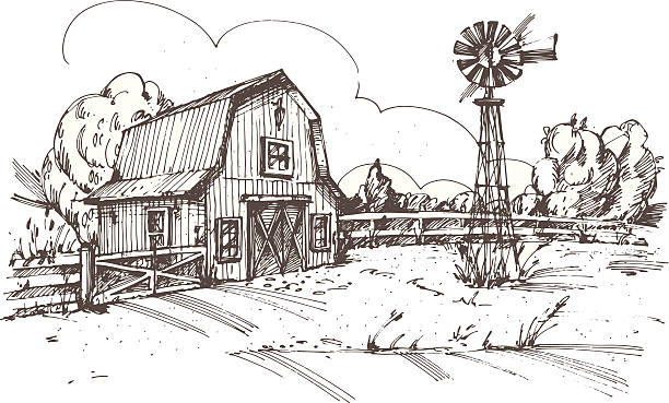 hand drawn illustration of фермерский дом - netherlands windmill farm farmhouse stock illustrations