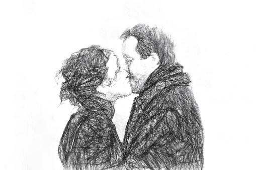 Kissing couple on the street, rough digital sketch.