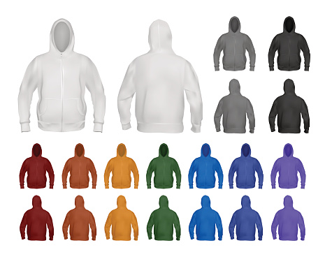 Hoodie template set made using vector mesh, easy to select and recolor by Color edit/hue/saturation option, vector eps10 illustration.