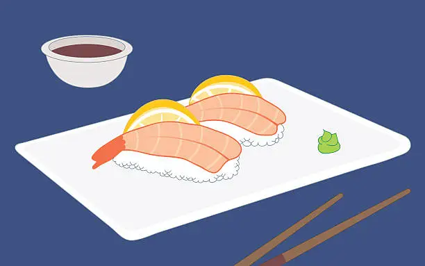 Vector illustration of Ebi nigiri, cooked shrimp sushi