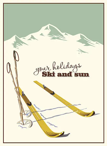 Vector illustration of Winter  background. Mountains and ski equipment in the snow