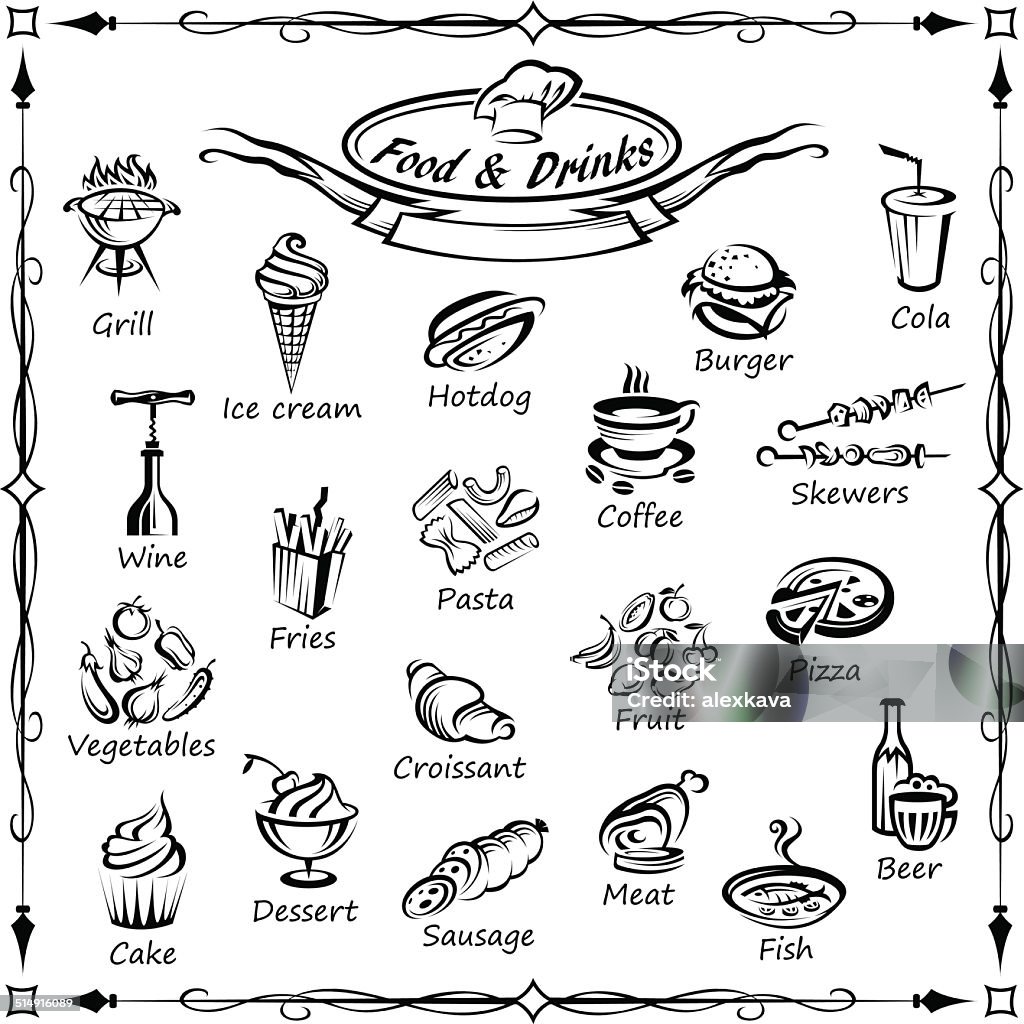 set of food and drinks monochrome set of food and drinks elements Barbecue - Meal stock vector