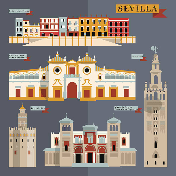 ilustraciones, imágenes clip art, dibujos animados e iconos de stock de atracciones de sevilla.  andalucía, españa, europa. - seville sevilla andalusia torre del oro