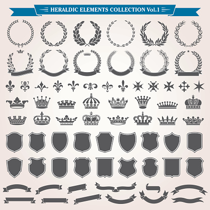 Heraldic elements laurel wreaths, crowns, ribbon banners, shields, royal lily collection vector