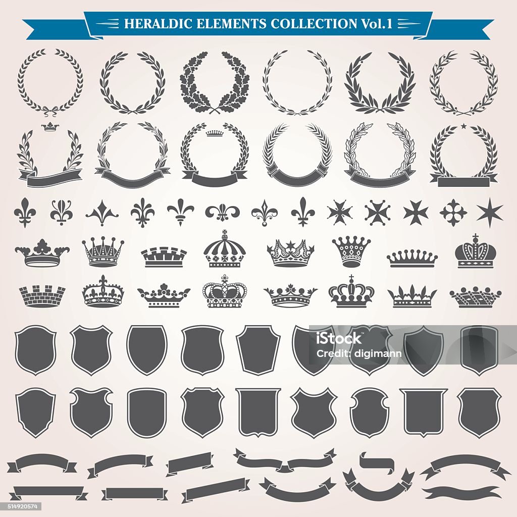 Heraldic Elements Set 1 Heraldic elements laurel wreaths, crowns, ribbon banners, shields, royal lily collection vector Coat Of Arms stock vector