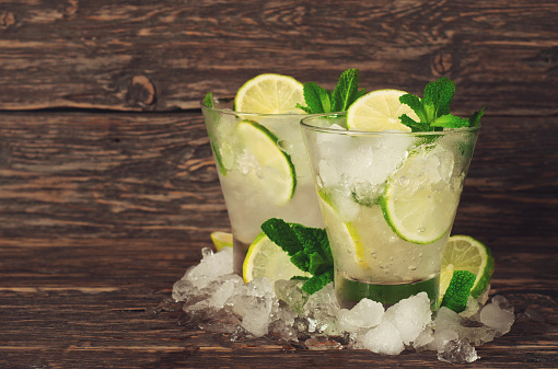 Cocktail with rum, ice, lime and mint on wooden background with copy space