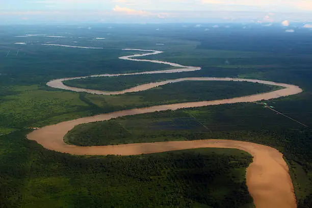 Aerial view of the Sungai Tutoh river and its brown muddy waters near Gunung Mulu National Park