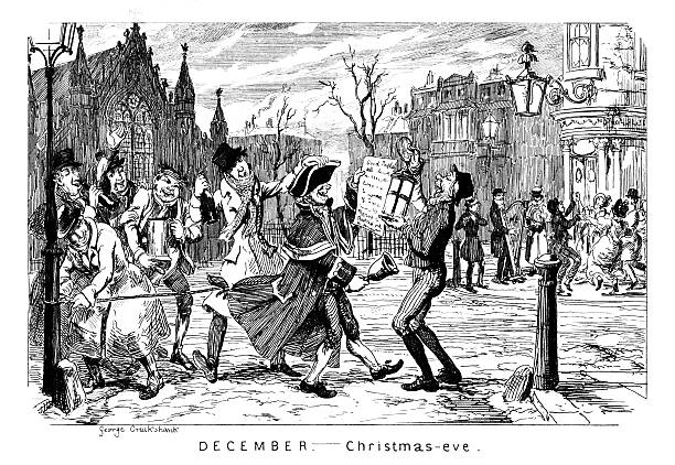 December - Christmas Eve Celebrations on Christmas Eve with singing, dancing and a town crier. From “The Comic Almanack for 1837: An Ephemeris in Jest and Earnest Containing All Things Fitting For Such Work by Rigdum Funnidos, Gent. - Adorned with a dozen of ‘Righte Merrie’ Cuts pertaining to the Months, and an Hieroglyphic, by George Cruikshank.” Published in London by Charles Tilt ‘Bibliopolist’, 1836. town criers stock illustrations