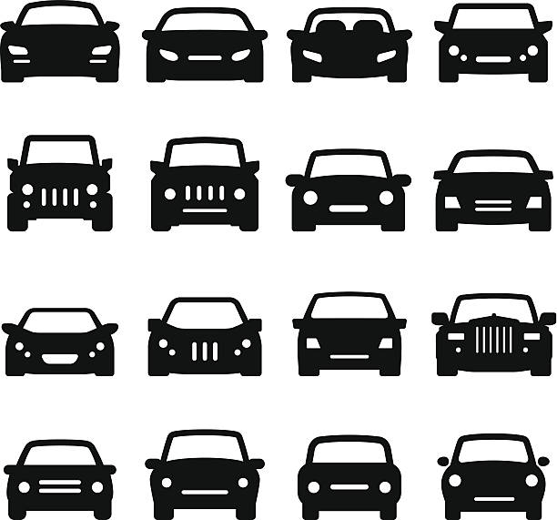 ikony-widok z przodu samochodu czarny seria — - car sedan vector land vehicle stock illustrations