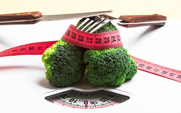 istock Broccoli with measuring tape on weight scale. Dieting 514931684