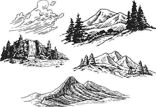 Hand-drawn Mountain Illustrations A set of hand-drawn mountains and trees, a waterfall and some clouds.  pine woodland stock illustrations