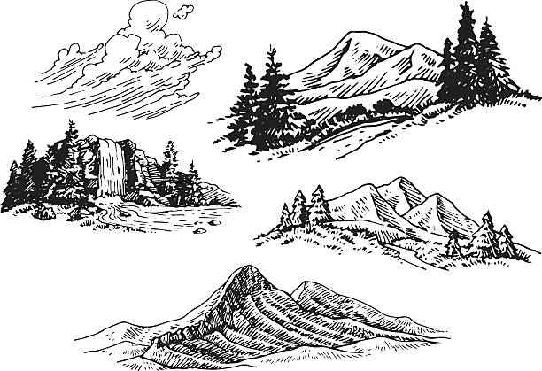 Hand-drawn Mountain Illustrations A set of hand-drawn mountains and trees, a waterfall and some clouds.  mountain peak clouds stock illustrations