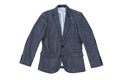 Man's elegance fashionable blue tweed jacket with leather buttons and patches on sleeves isolated on white background.