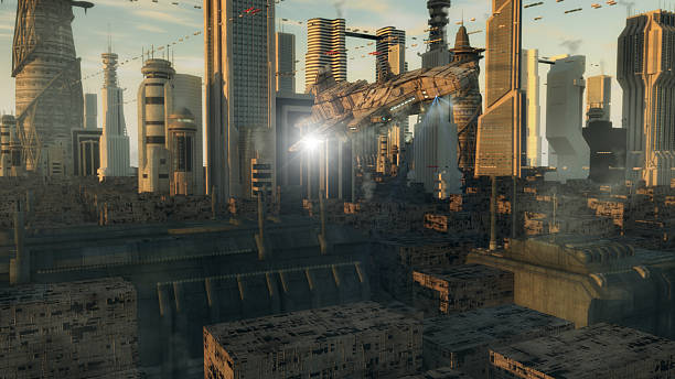 istock Spaceship and futuristic city 514933440