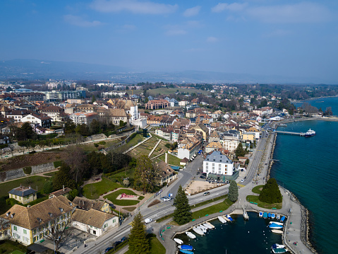 aerial view Nyon city and lake Geneva