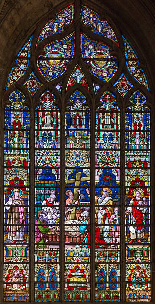 Bruges - The death of st. Helen on windowpane Bruges - The death of st. Helen on windowpane in St. Salvator's Cathedral (Salvatorskerk) by stained glass artist Samuel Coucke (1833 - 1899) st salvator's cathedral stock pictures, royalty-free photos & images