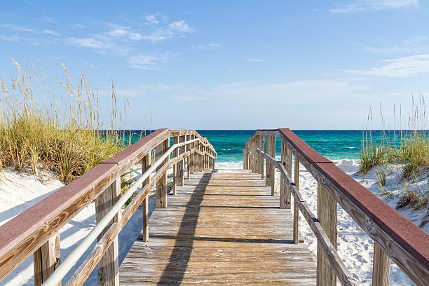 Boardwalk to the Turqouise Gulf The boardwalk leads tro the turquoise waters of the Gulf of Mexico at Park West on the western end of Pensacola Beach, Florida. boardwalk stock pictures, royalty-free photos & images