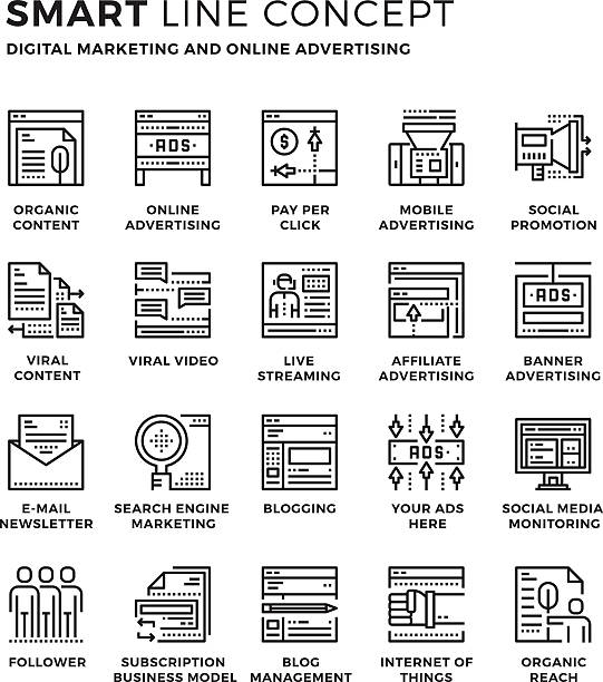 ilustrações, clipart, desenhos animados e ícones de ícone smartline conceito de de marketing digital - change technology determination research