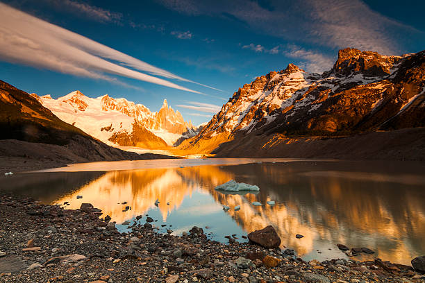 Cerro Torre, Los Glaciares National Park, Patagonia, Argentina Cerro Torre, Los Glaciares National Park. Reflection of mountains in the lake at sunset. patagonia argentina photos stock pictures, royalty-free photos & images