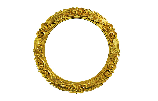 Oval golden  picture frame isolated  over white.