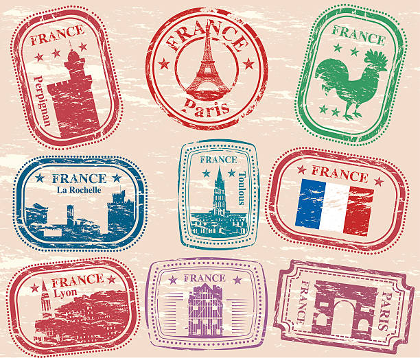 ilustraciones, imágenes clip art, dibujos animados e iconos de stock de sellos de francia - postage stamp postmark mail paris france