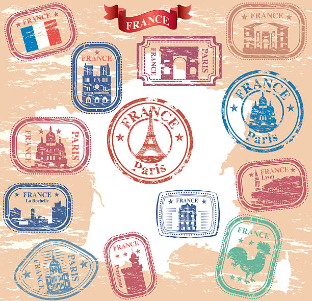 ilustraciones, imágenes clip art, dibujos animados e iconos de stock de francia - postage stamp postmark mail paris france