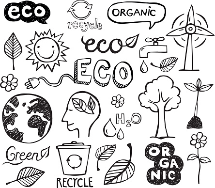 Eco and organic doodles - icons. Ecology, sustainable development, nature protection.