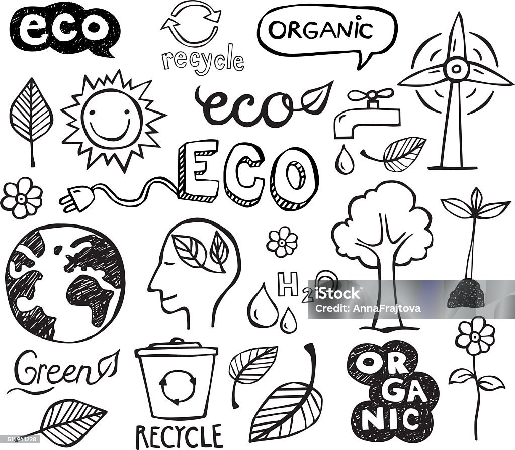 Eco Doodles Eco and organic doodles - icons. Ecology, sustainable development, nature protection. Doodle stock vector