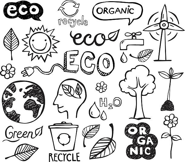 Eco Doodles Eco and organic doodles - icons. Ecology, sustainable development, nature protection. nature drawings stock illustrations