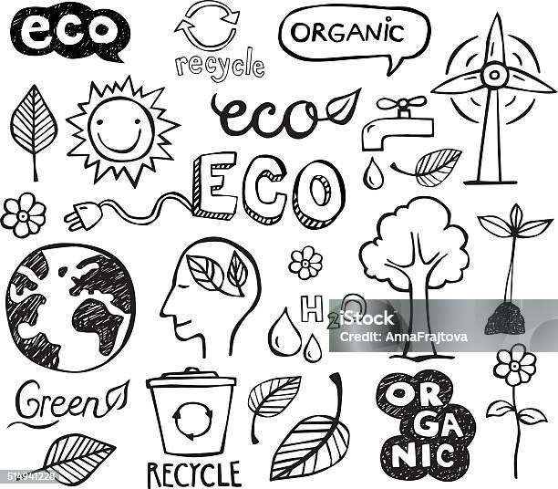 Eco Doodles Stock Illustration - Download Image Now - Doodle, Drawing - Art Product, Icon Symbol