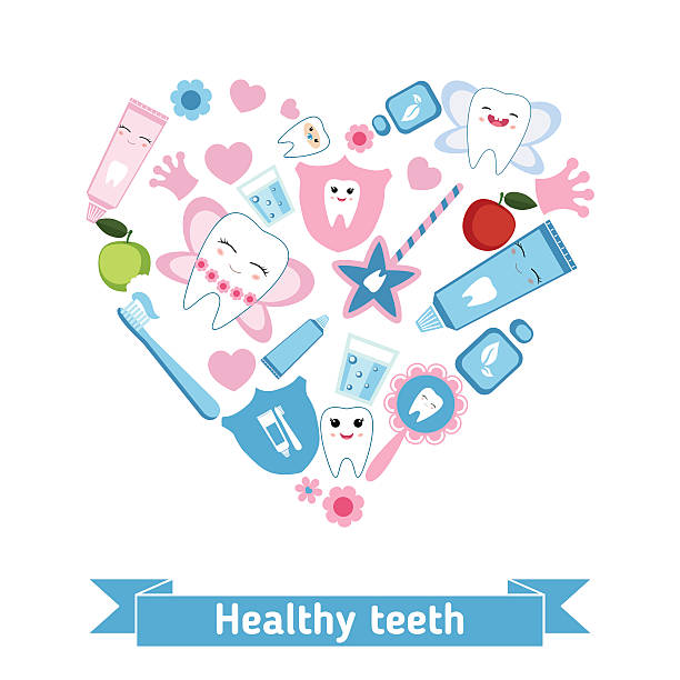 opiekę stomatologiczną symbole w kształcie serca. - human teeth fairy cartoon toothbrush stock illustrations