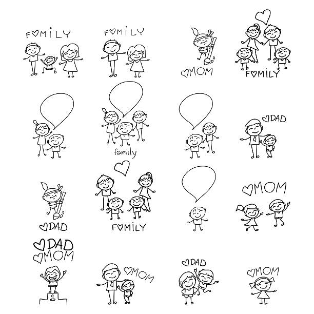 illustrazioni stock, clip art, cartoni animati e icone di tendenza di mano disegno fumetto famiglia felice - men doodle vector parent