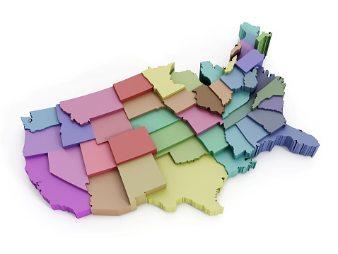 Colorful USA map with multi-colored individual states.