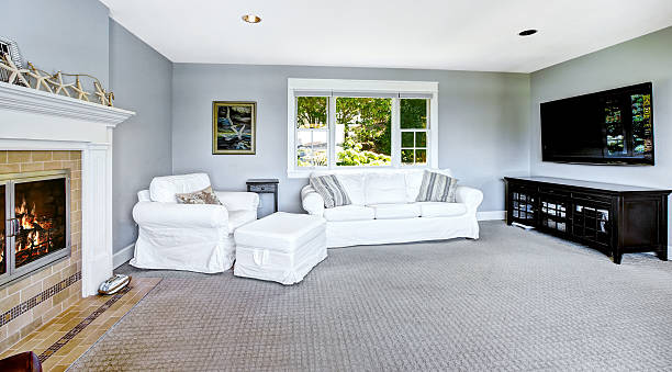 istock Light blue living room with white sofa and fireplace 514965103