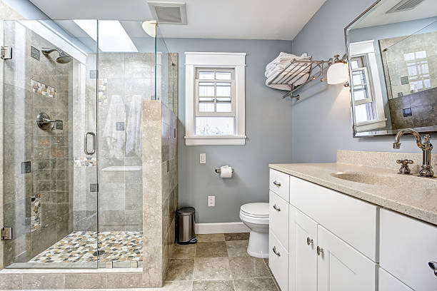 istock Modern bathroom interior with glass door shower 514965113
