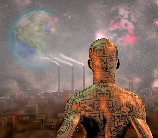 istock Android before smog filled city with tearraformed moon in sky 514967107