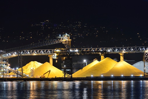 Waterfront Sulphur Piles at night, Port of Vancouver